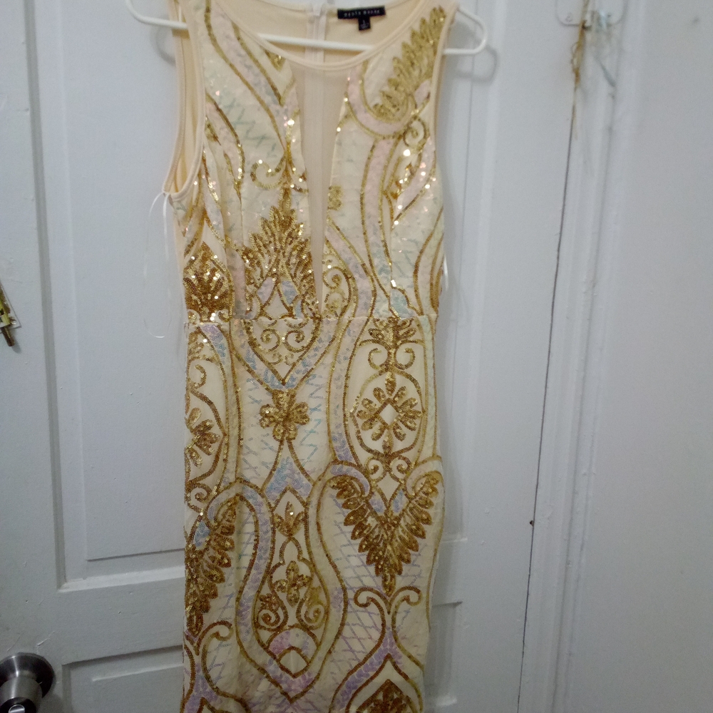 Haute Monde Gold and Cream Sequin Midi Dress